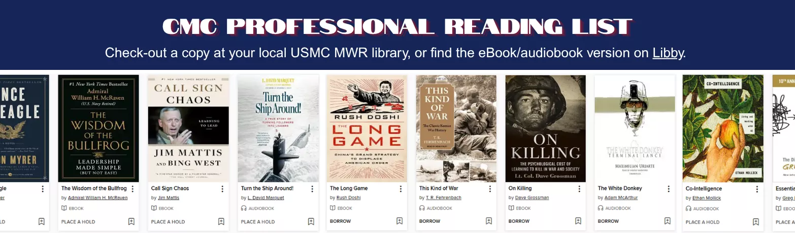 Read or listen to the Commandant's Reading List in the DoD MWR Library's Overdrive collection, or check out a copy at your local MWR library. 